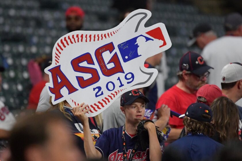 A fan holds a sign during the 2019 MLB <b>All</b>-<b>Star</b> <b>Game</b> at Progressive Field on July 09, 2019 in Cleveland, Ohio.