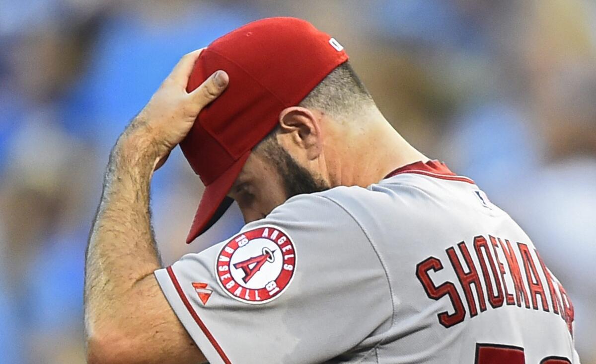 Matt Shoemaker was charged with eight runs on 11 hits over four innings in the Angels' 8-6 loss Friday to the Kansas City Royals.