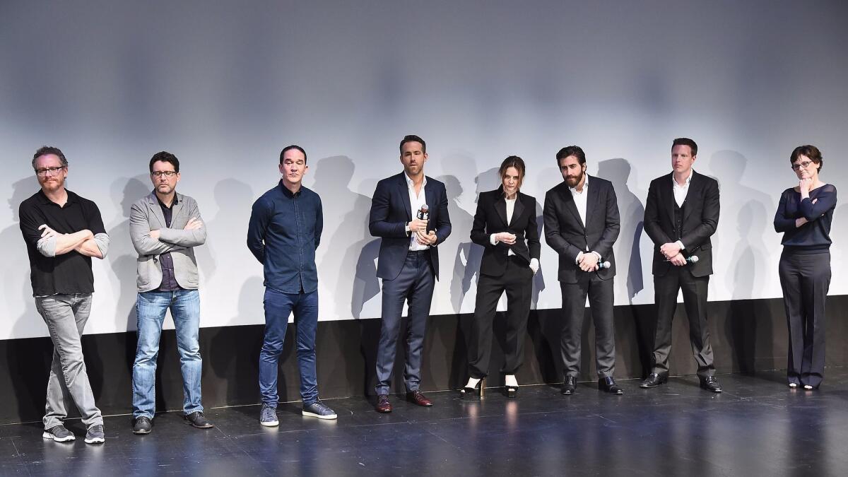 The "Life" team at the South by Southwest Film Festival, from left: writers Paul Wernick and Rhett Reese, director Daniel Espinosa, actors Ryan Reynolds, Rebecca Ferguson and Jake Gyllenhaal, and producers David Ellison and Bonnie Curtis.