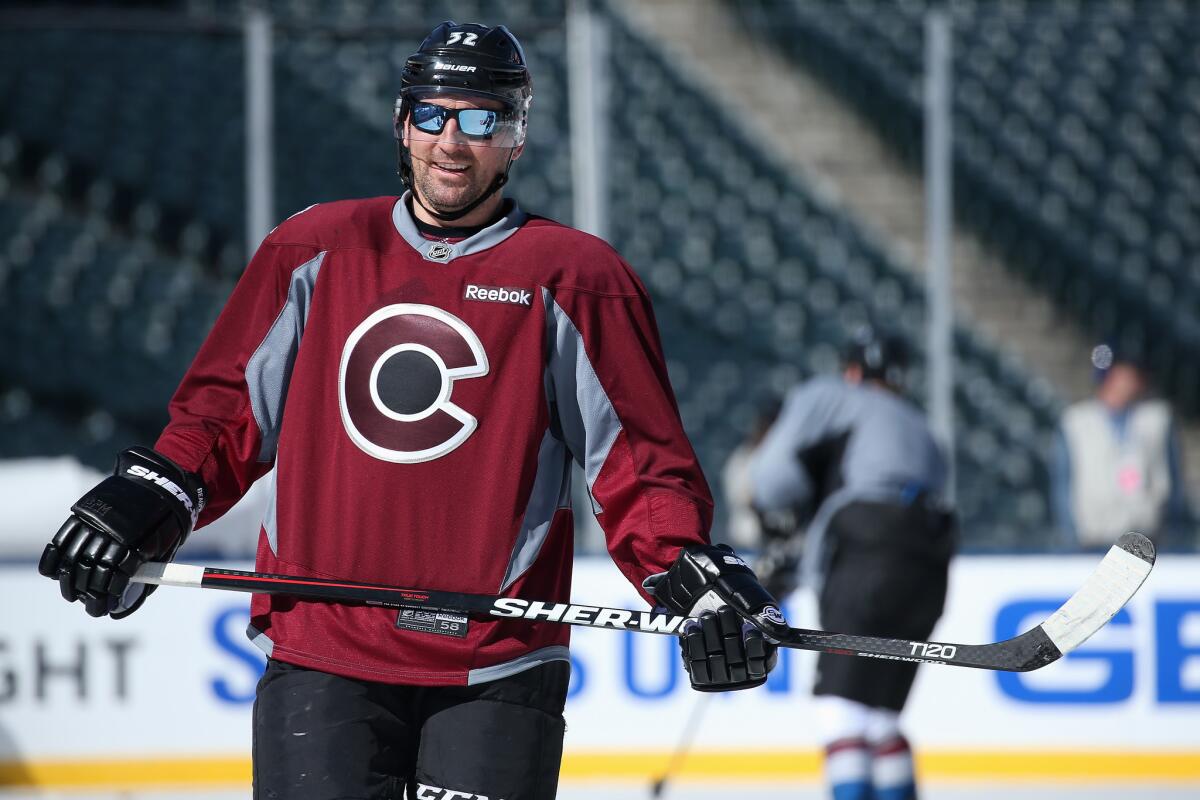 Colorado's Francois Beauchemin skates during a practice session on the eve of an outdoor game against Detroit on Feb. 26.