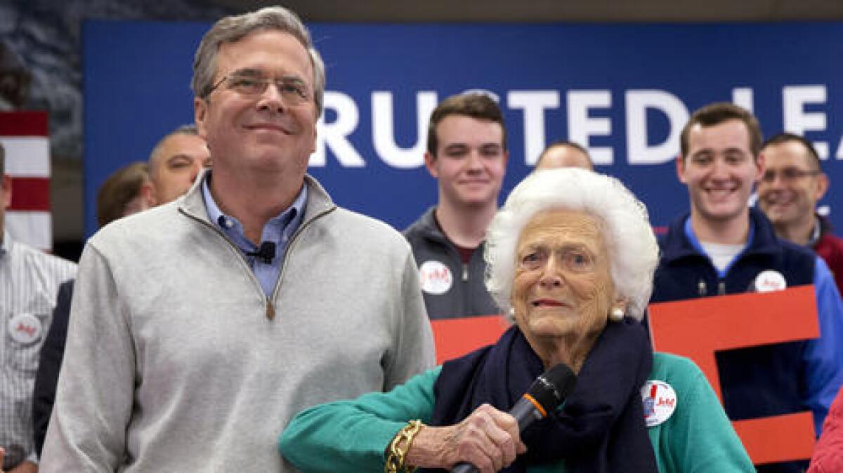 Jeb Bush is introduced at a campaign event by his mother, former First Lady Barbara Bush.