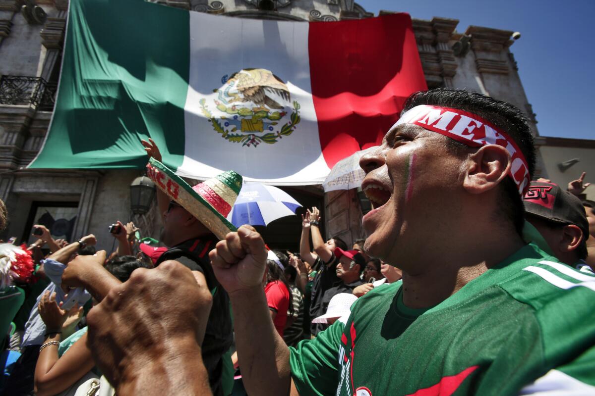 Rogelio Bobadilla shows his support for the Mexican soccer team during a watch party at Plaza Mexico in Lynwood Tuesday, June 17, 2014.