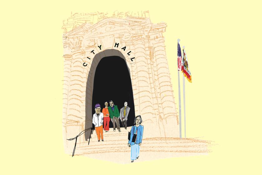 A drawing of people walking of an old City Hall archway