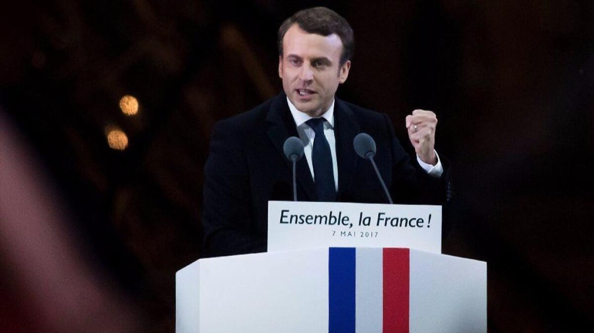 Emmanuel Macron addresses supporters after winning the French presidential election.