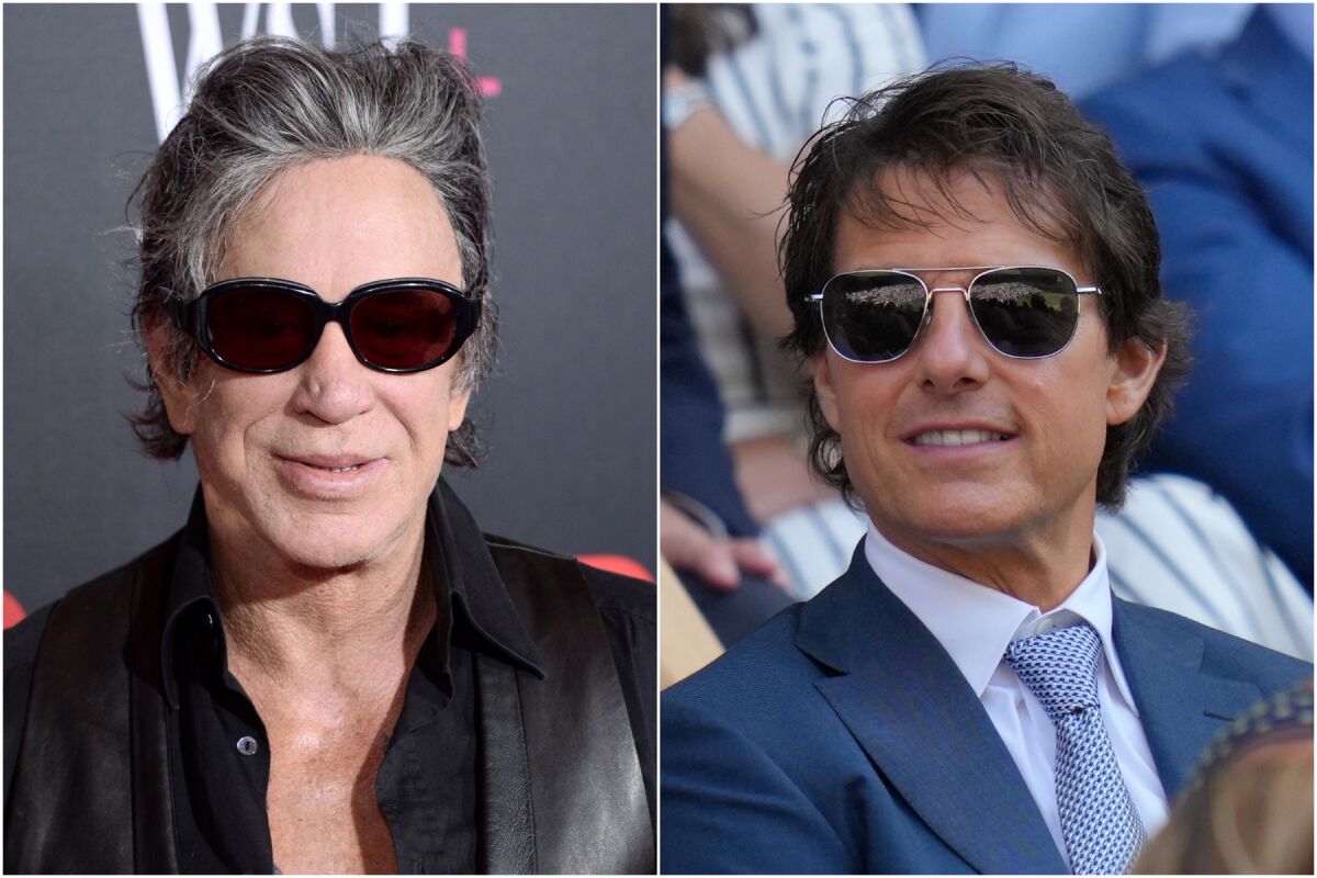 A split image of a man wearing sunglasses and a leather jacket, left, and another man wearing sunglasses and a suit