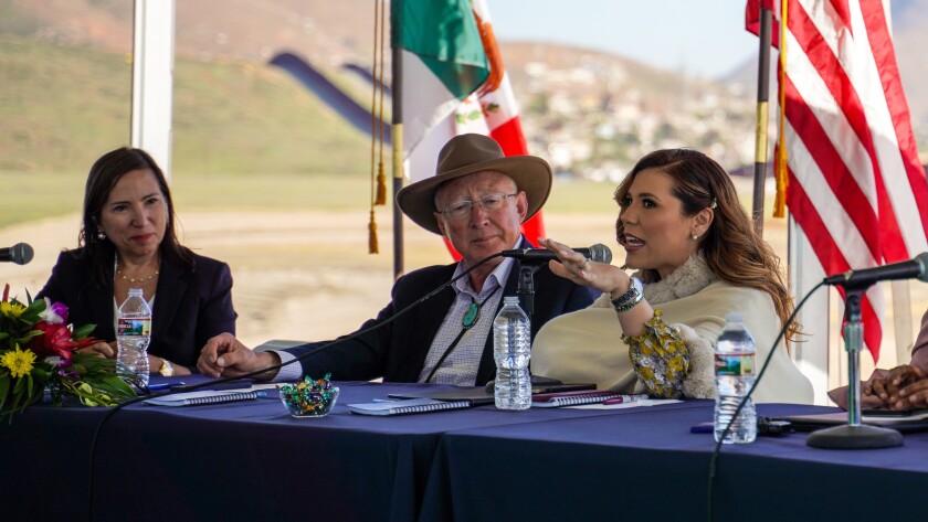 Baja California Governor Marina del Pilar Olmedo (r) speaks Monday with U.S. Ambassador to Mexico Ken Salazar