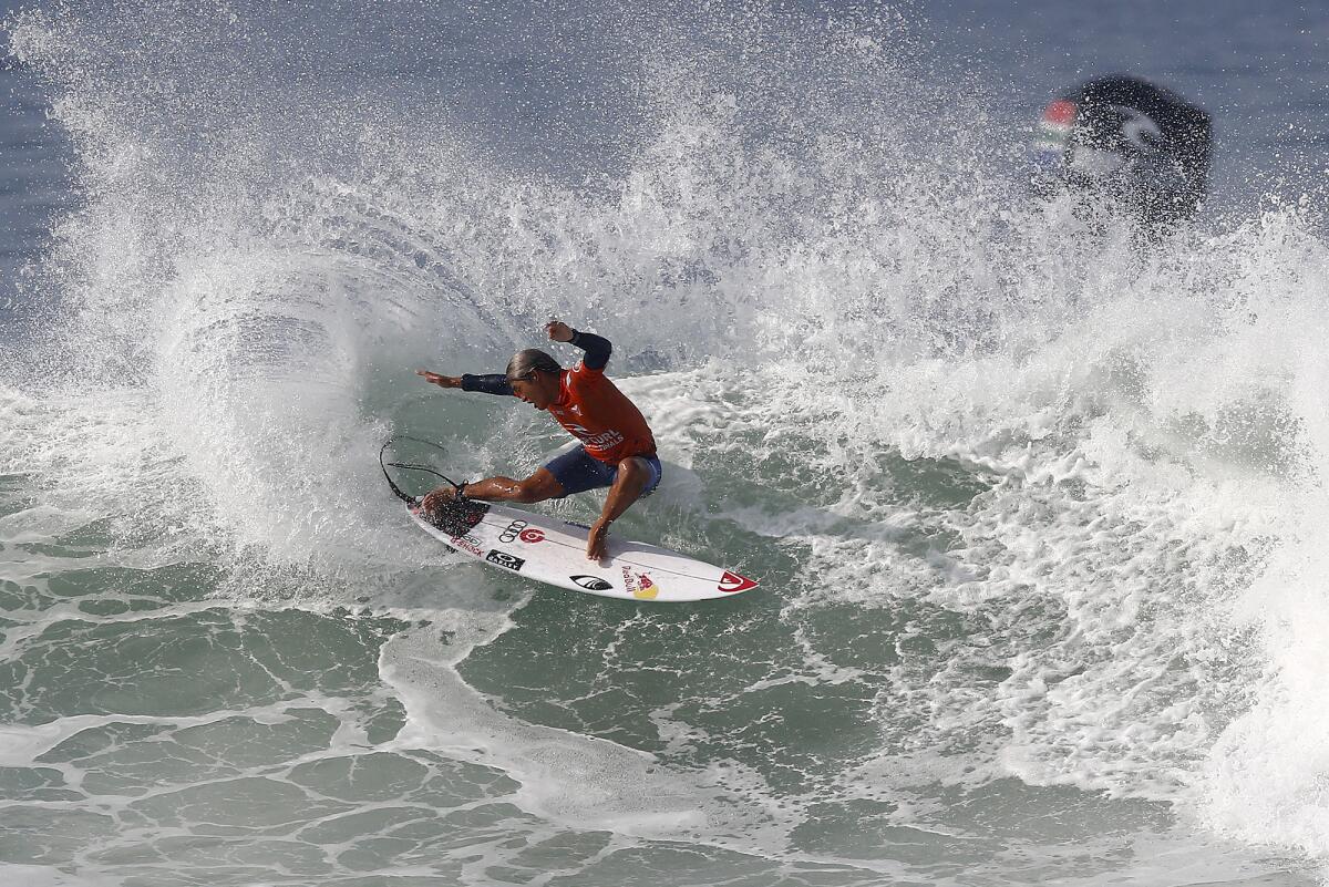 Kanoa Igarashi competes against Brazil's Italo Ferreira during the World Surf League finals at Lower Trestles Beach.