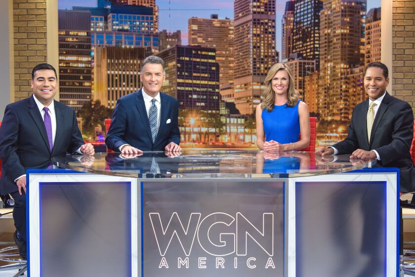 Albert Ramon, Joe Donlon, Marni Hughes and Rob Nelson on the set of WGN America's nightly  newscast "News Nation."