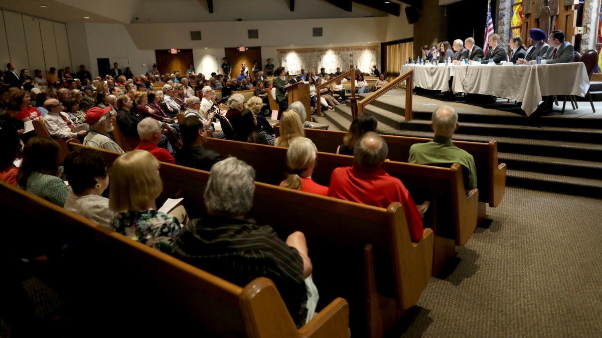 Residents listen to Los Angeles City Council candidates at a forum at Temple Ahavat Shalom in Porter Ranch on April 14.