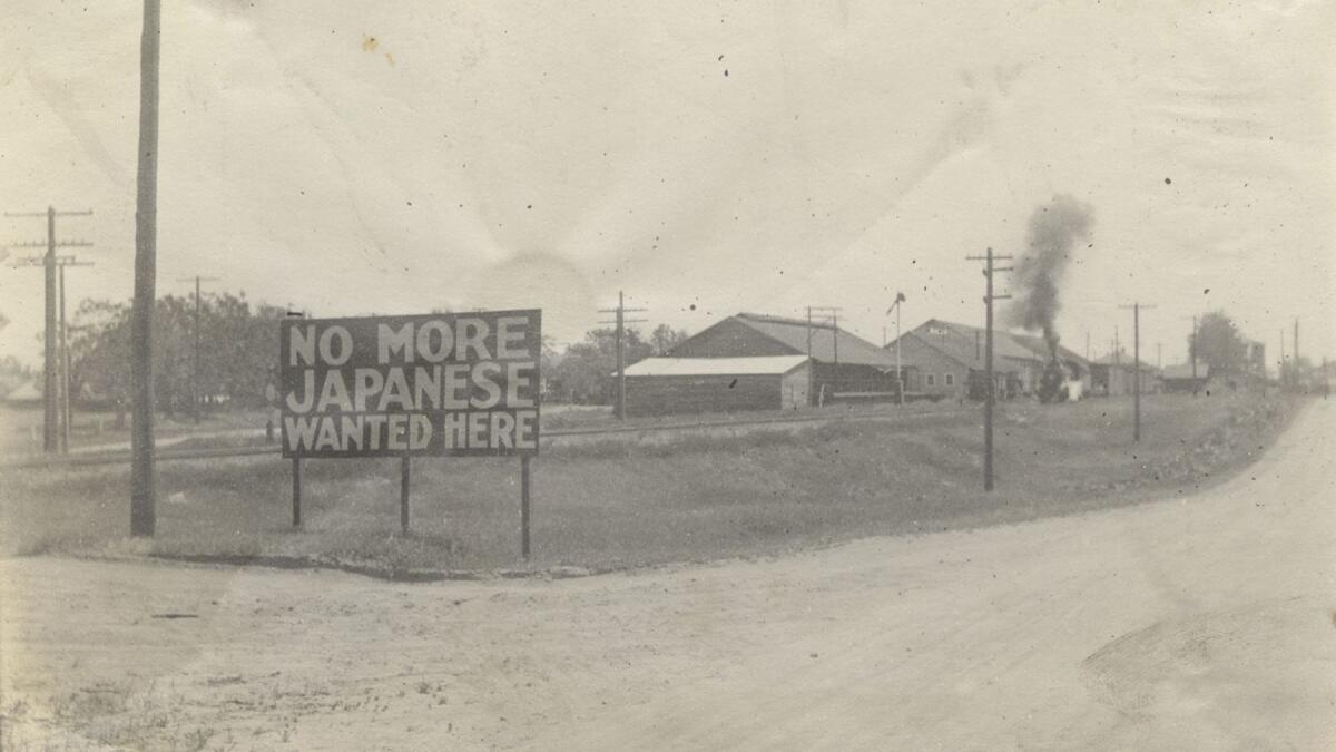 “No More Japanese Wanted Here,” a sign in Livingston, Calif., circa 1920, part of a historical exhibition at the Japanese American National Museum. (Japanese American National Museum)