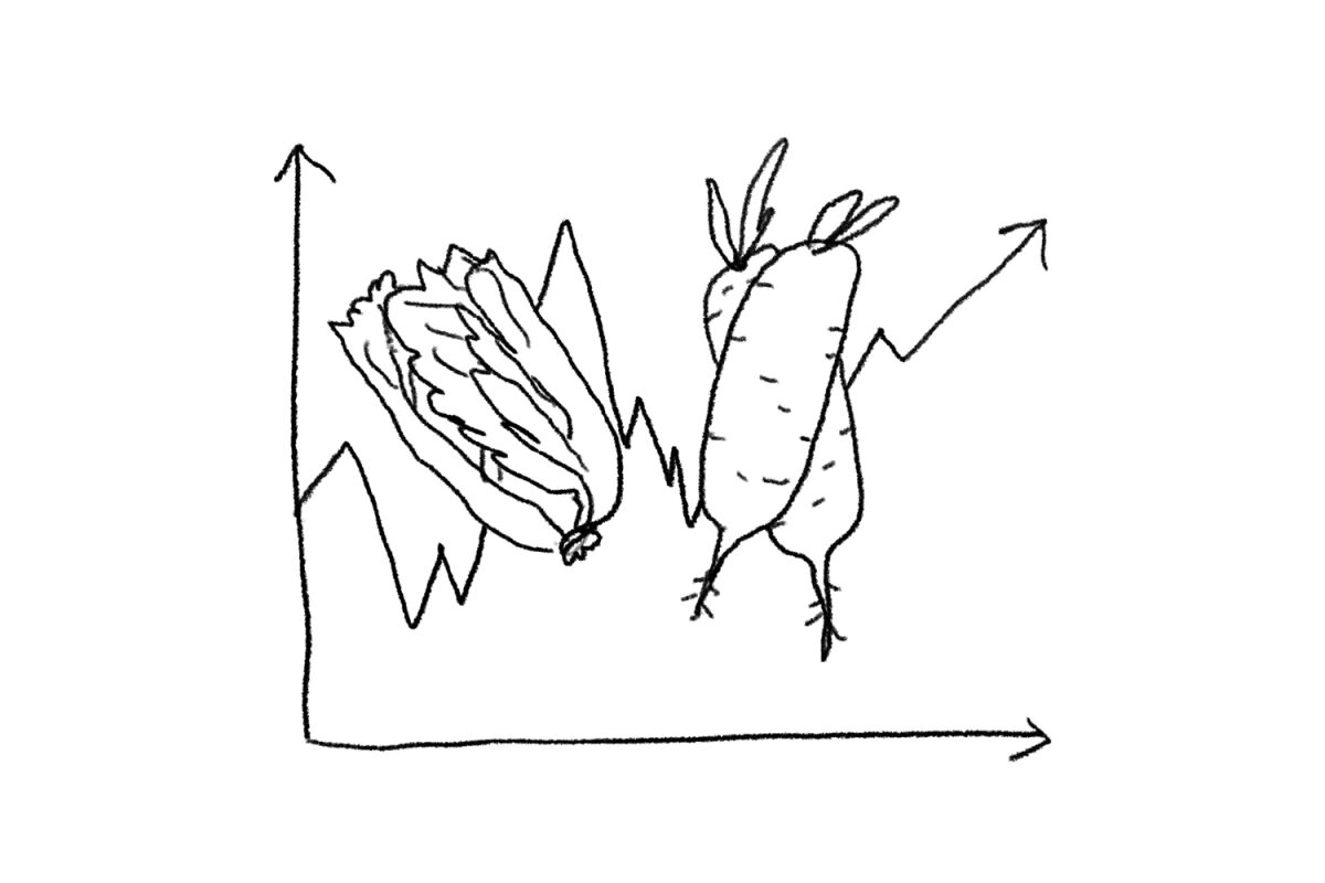 Illustration of napa cabbage and radish against a line graph
