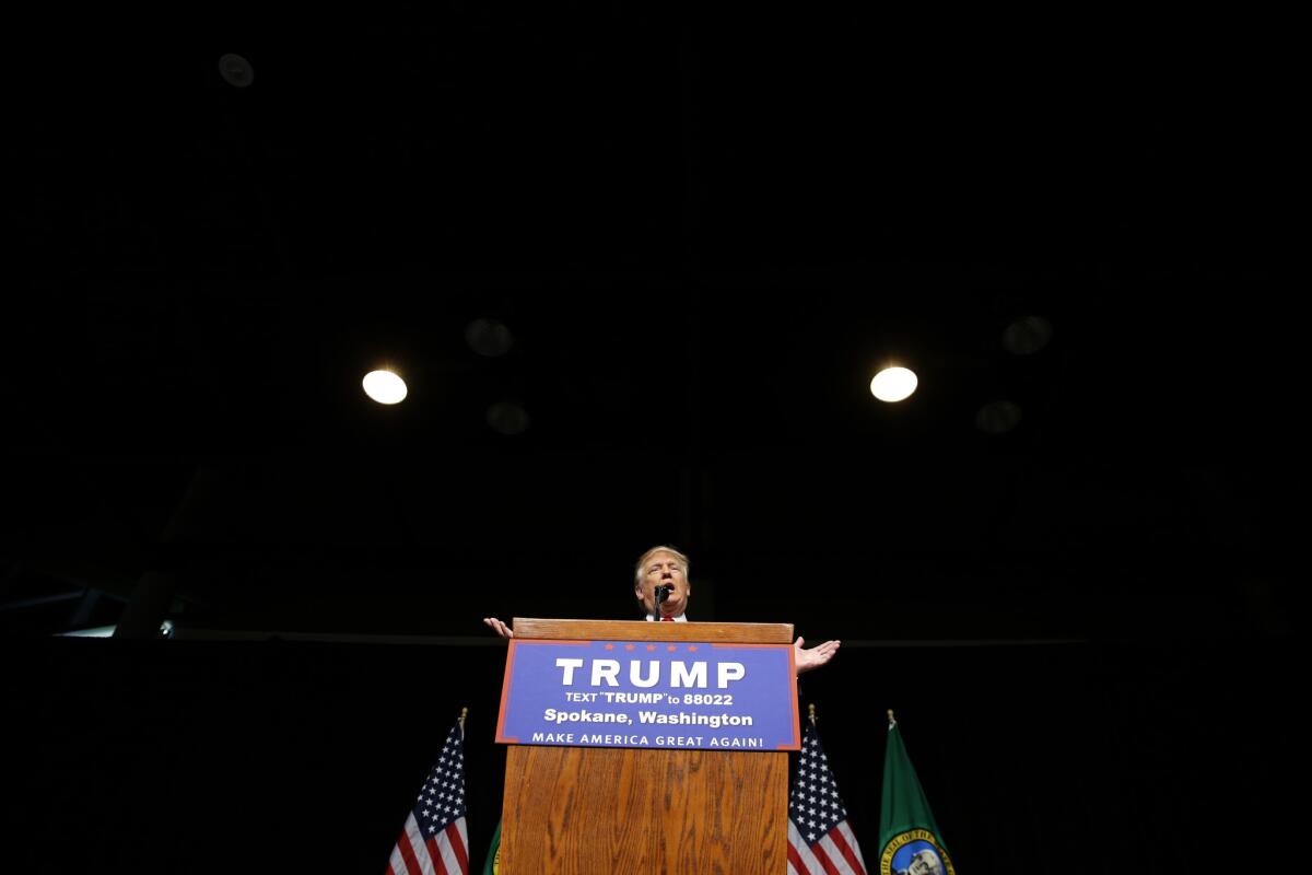 Republican presidential candidate Donald Trump speaks at a rally in Spokane, Wash., on Saturday.