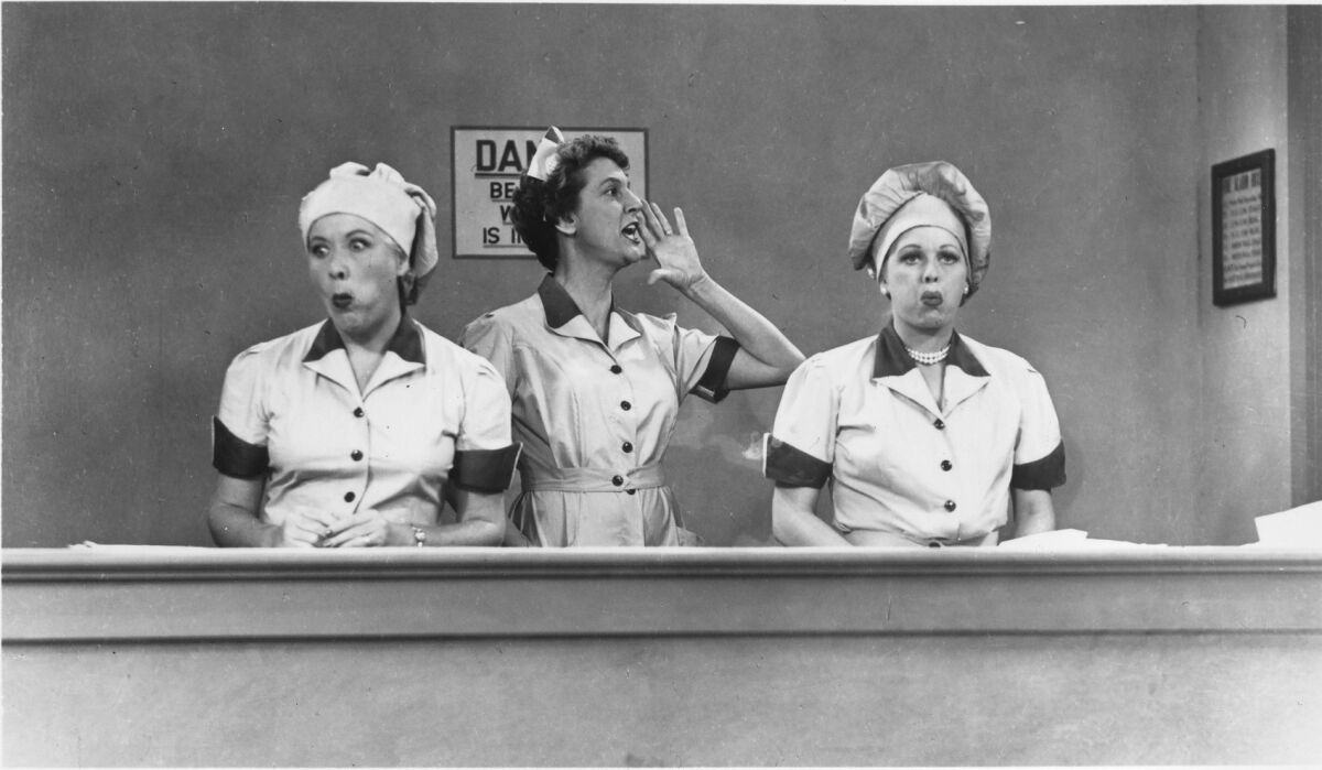 Vivian Vance, left, Elvia Allman and Lucille Ball in the classic chocolate factory episode of "I Love Lucy."
