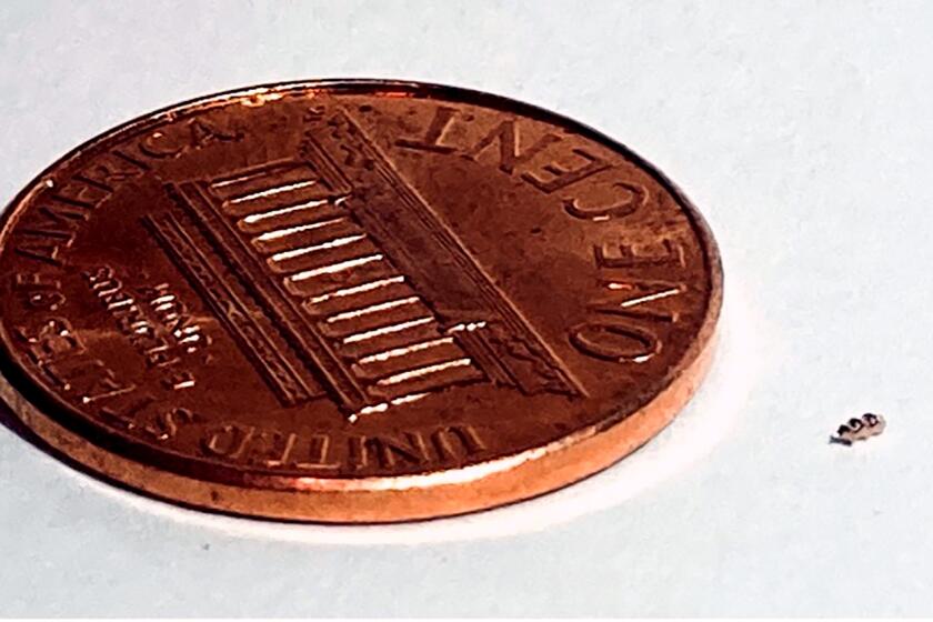 The helical Bionaut device next to a penny for scale.