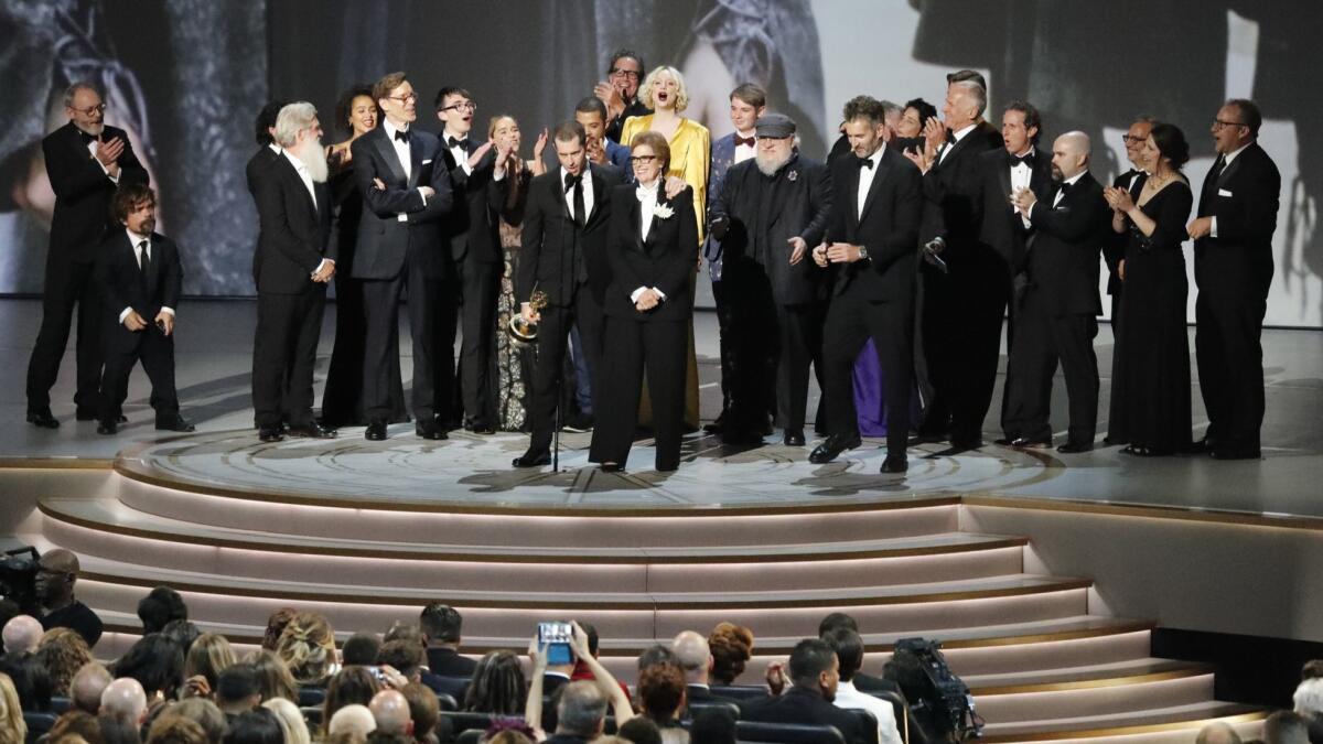Producers, cast and crew of HBO's "Game of Thrones" collected the Emmy for outstanding drama series Monday night at the 70th Primetime Emmy Awards at the Microsoft Theater in Los Angeles.