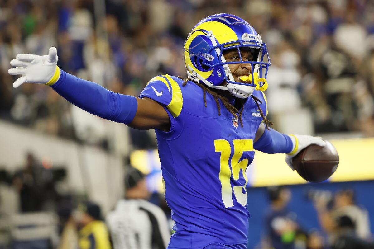 Rams wide receiver Demarcus Robinson celebrates after scoring a touchdown against the Saints late in the second quarter.