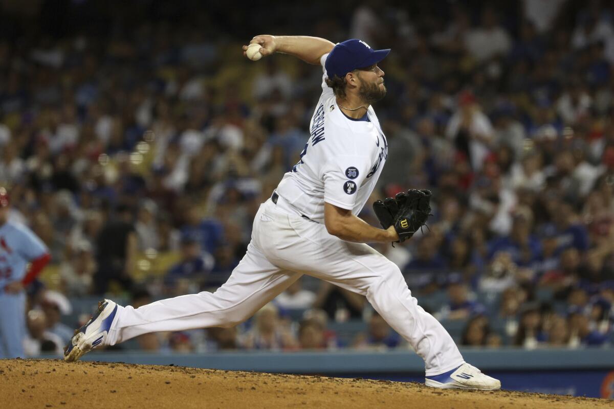 Dodgers starting pitcher Clayton Kershaw delivers against the St. Louis Cardinals in the sixth inning Saturday.
