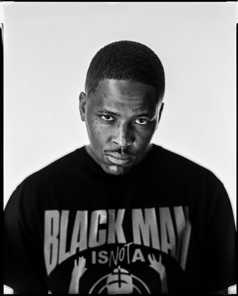 Compton-raised rapper YG is photographed with wearing a shirt from his clothing line 4Hunnid, that says, Black Man is Not a Target, in advance of his fifth studio album, My 4Hunnid Life