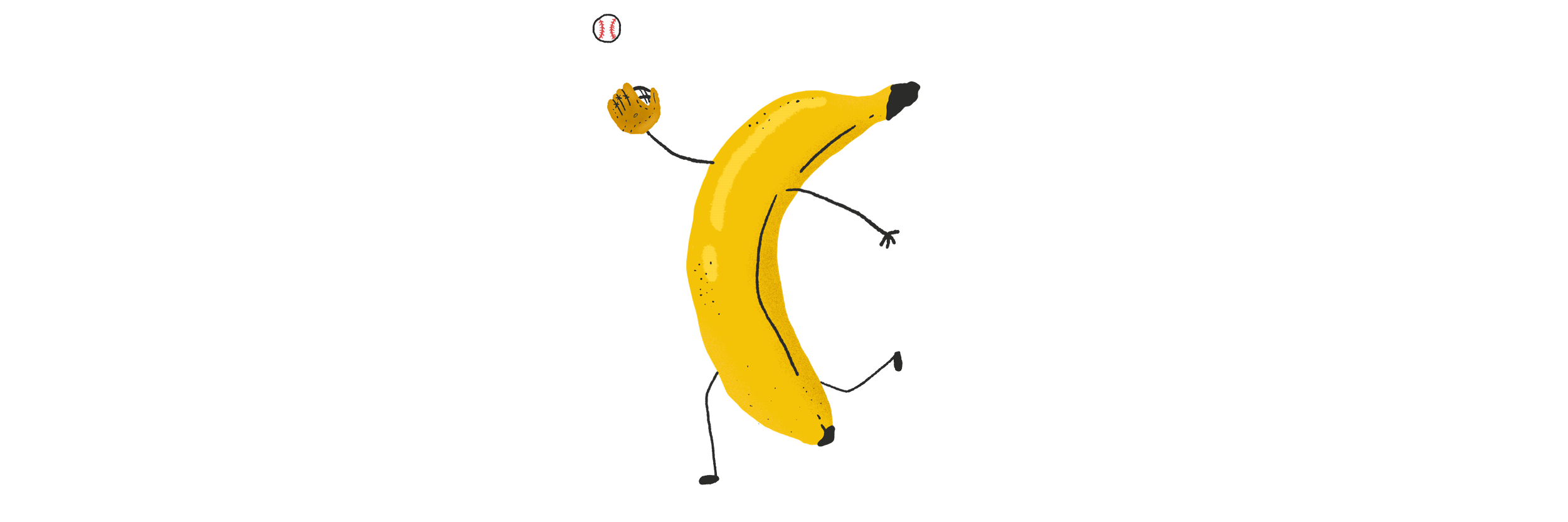 An animation of a cartoon banana catching a baseball.
