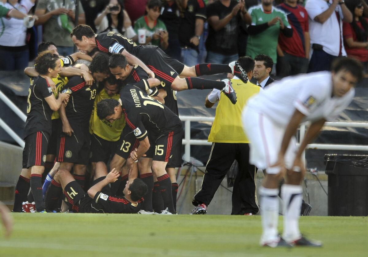 PASADENA, CALIFORNIA JUNE 24, 2011–Mexico celebrates the goal of Giovani Dos Santos against USA in the 2nd half of the Gold Cup Final at the Rose Bowl Saturday. (Wally Skalij/Los Angeles Times)
