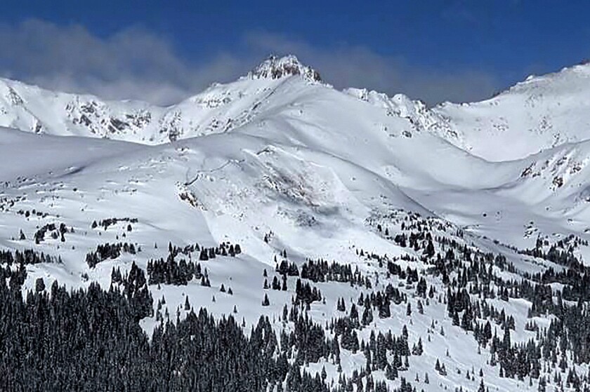 A snowy mountain is seen after an avalanche near Winter Park, Colo.