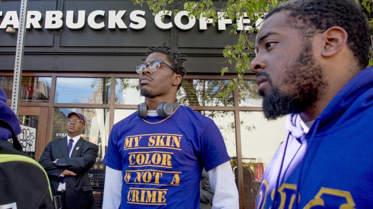 A rally outside the Starbucks where two black men were arrested on April 12 for trespassing, in Philadelphia.