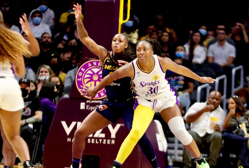 Sparks forward Nneka Ogwumike sets up in the post against the Fever.