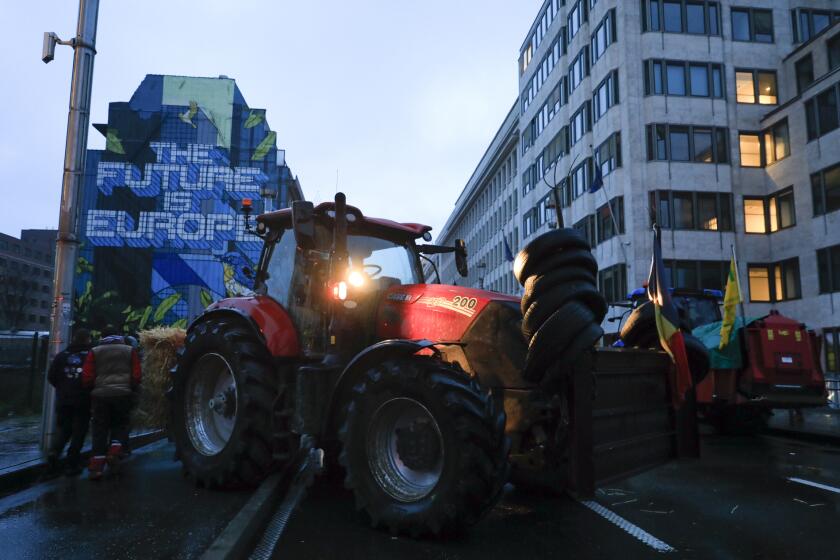 Tractores llegan al barrio europeo durante una protesta agraria antes de una reunión de ministros de agricultura de la UE en Bruselas, el lunes 26 de febrero de 2024. (AP Foto/Nicolas Landemard)
