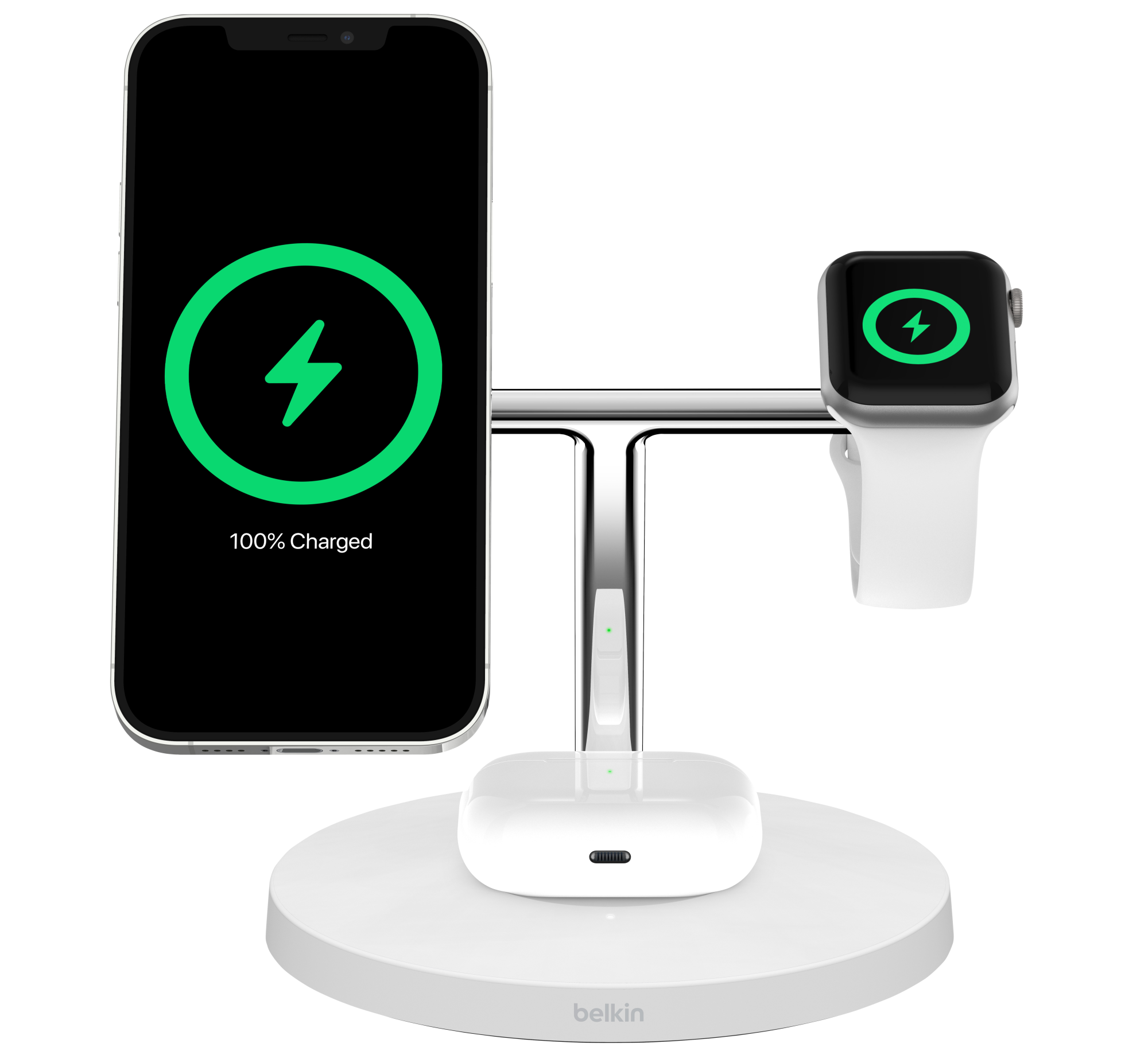 A phone, smartwatch and Air Pods rest on the Belkin BoostCharge Pro 3-in-1 Wireless Charger