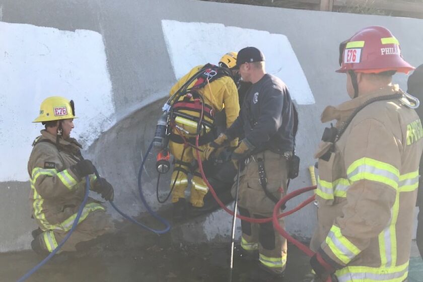 CalFire/Riverside County firefighters removed a man who was wedged 270 feet into a 28" storm drain pipe in Temecula.