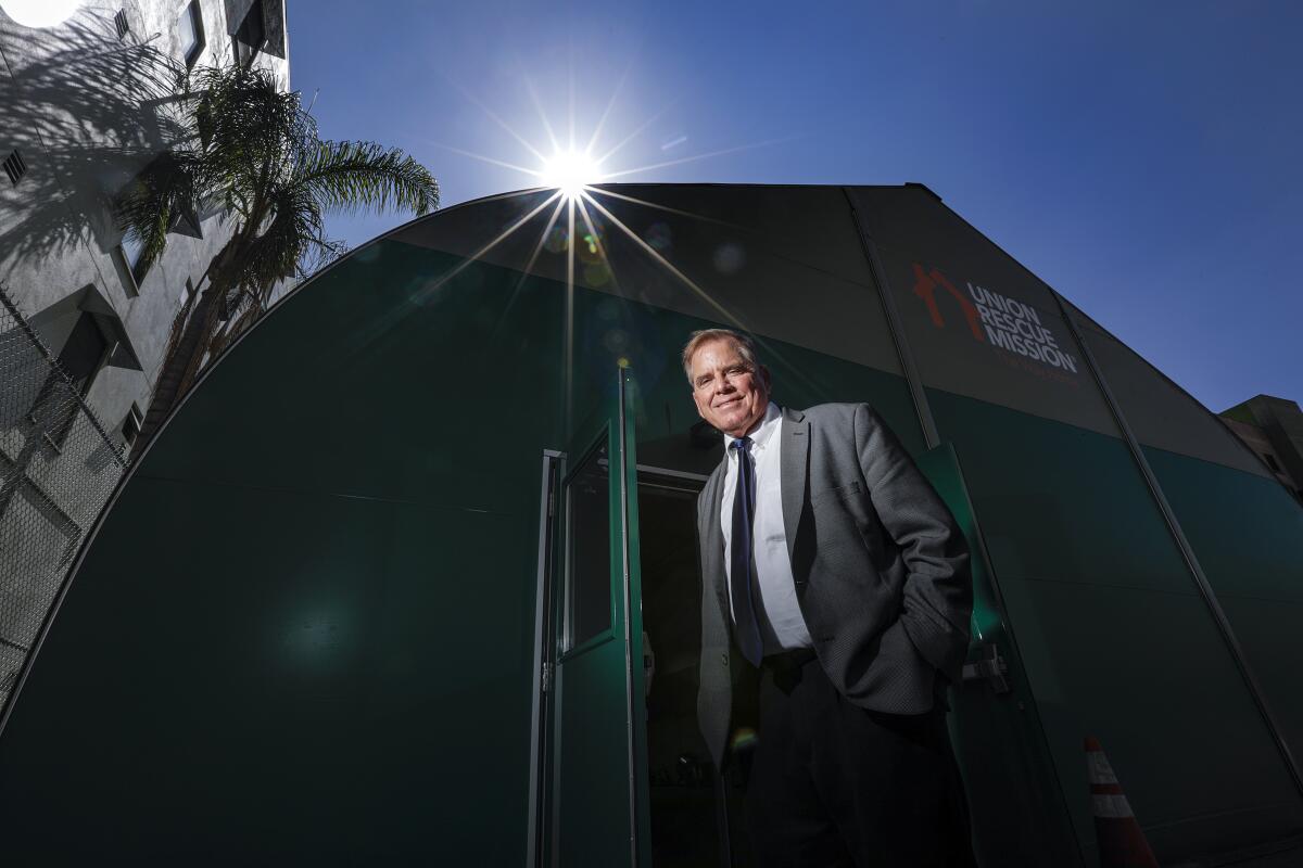 The Rev. Andy Bales, head of Union Rescue Mission, has set up a large tent that is used as a shelter for homeless people.