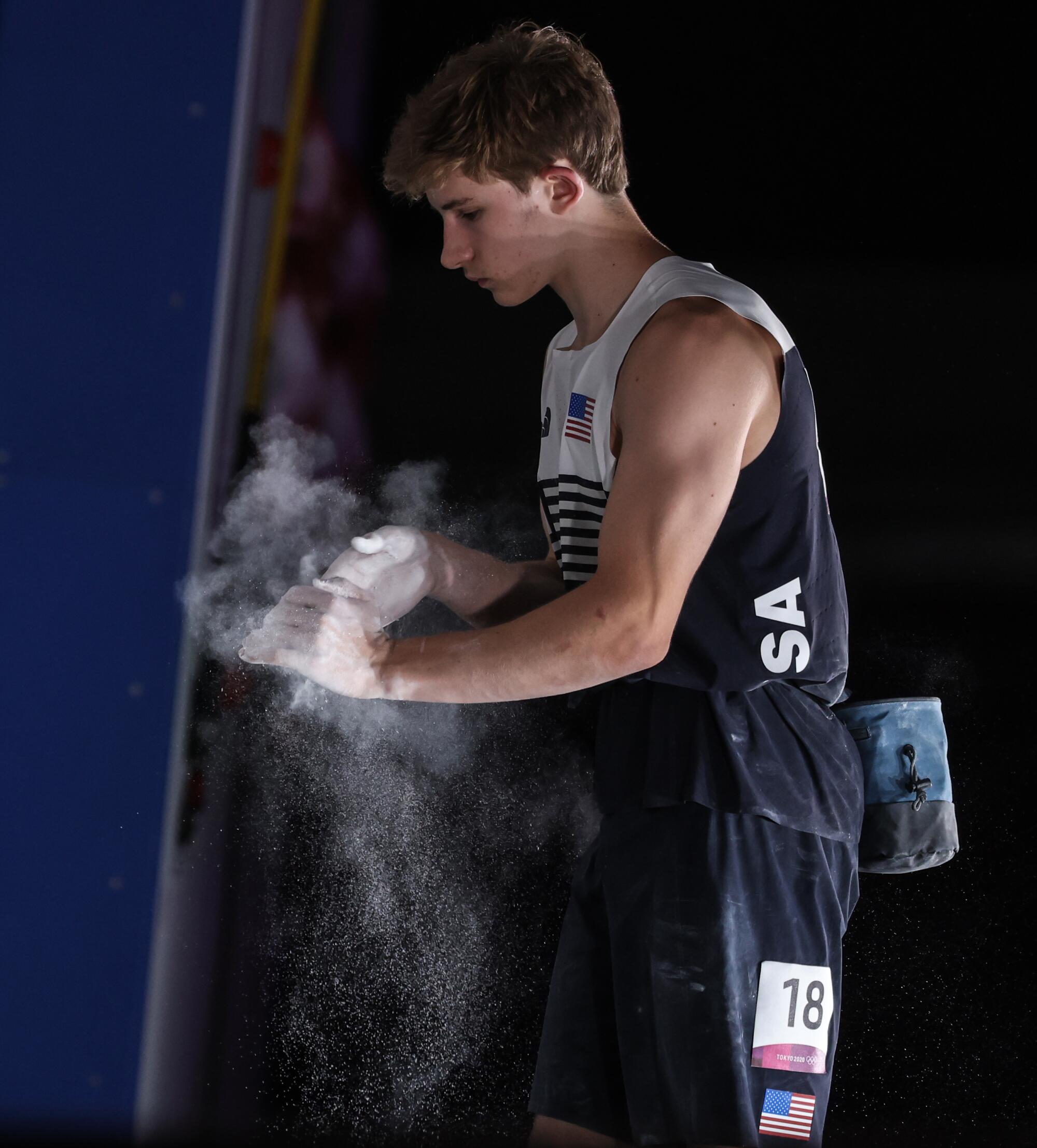 USA climber Danny Duffy prepares to compete in the Men's Combined Bouldering Final.