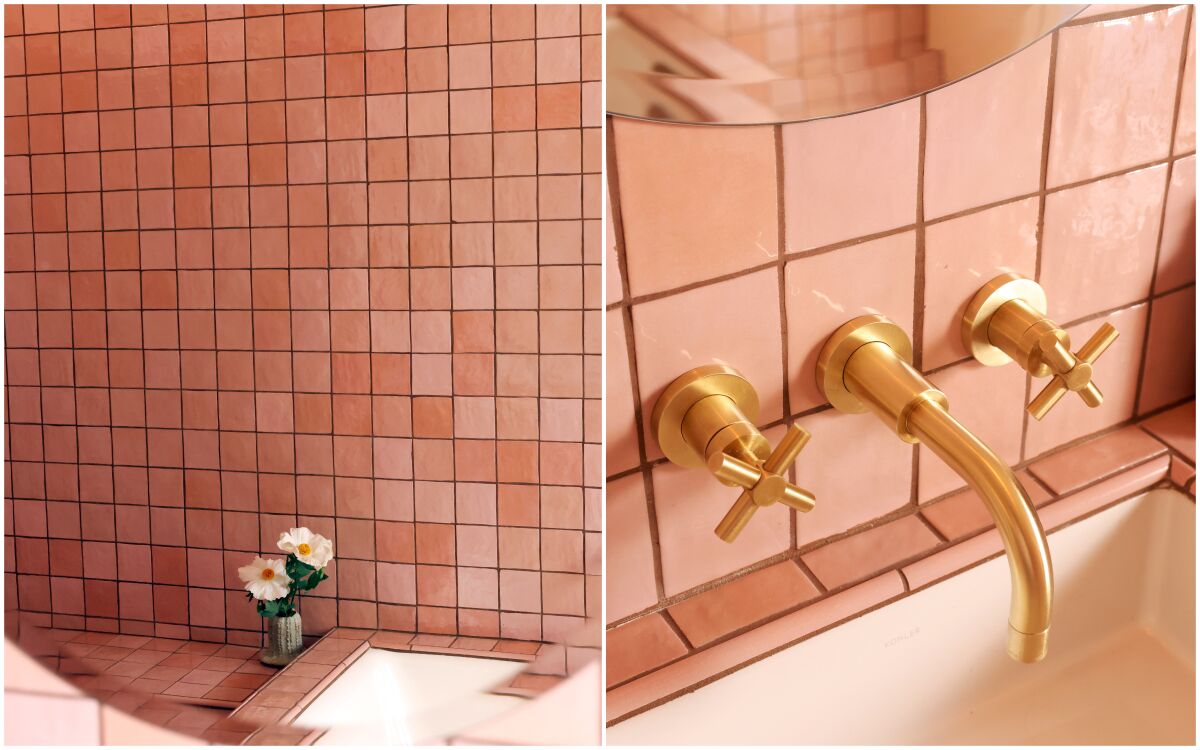 Pink tiles on a bathroom wall with a small vase of flowers, and the same bathroom with gold faucets and pink tile.