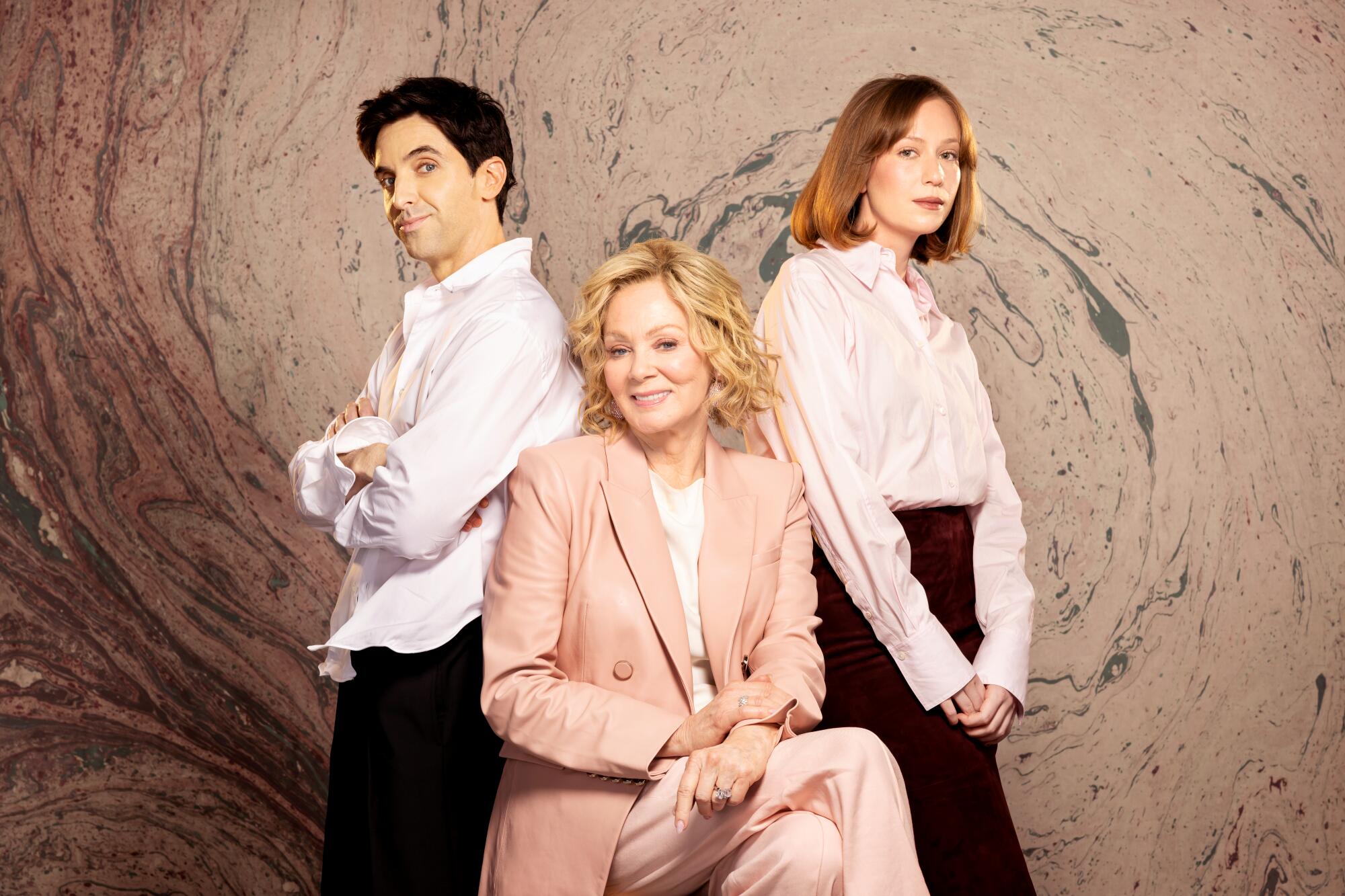 Hacks cast members Paul W. Downs, Jean Smart and Hannah Einbinder.