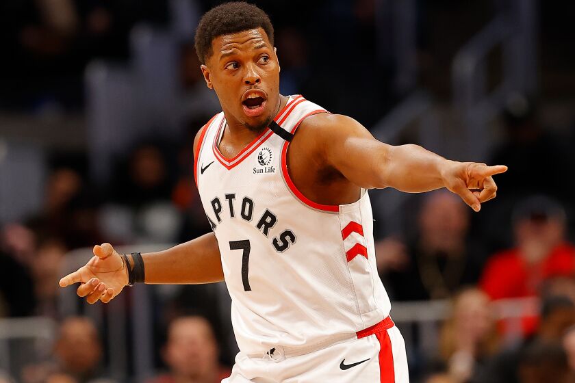 Toronto guard Kyle Lowry reacts after a play against the Hawks during a game Jan. 20, 2020, in Atlanta.