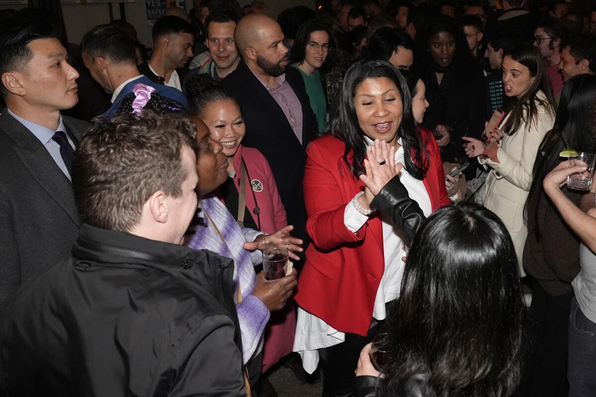San Francisco Mayor London Breed speaks to supporters during an election night party. 