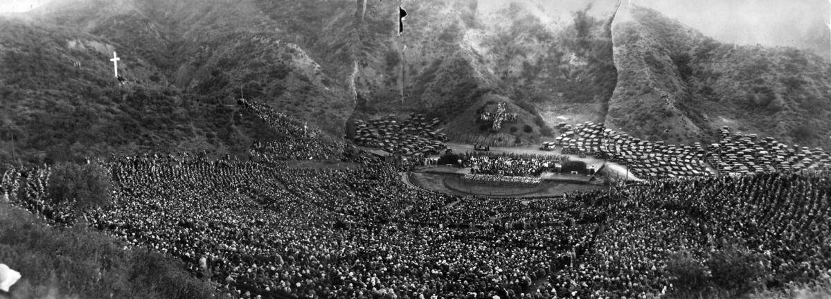 April 20, 1924: A crowd of 25,000 attends Easter Sunrise Service at the Hollywood Bowl. This panorama was made from three prints.