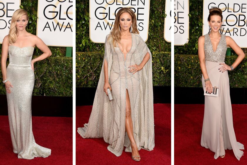 From left, Reese Witherspoon, Jennifer Lopez, Kate Beckinsale, as well as other stars, shone in silver on the red carpet at the 2015 Golden Globes.