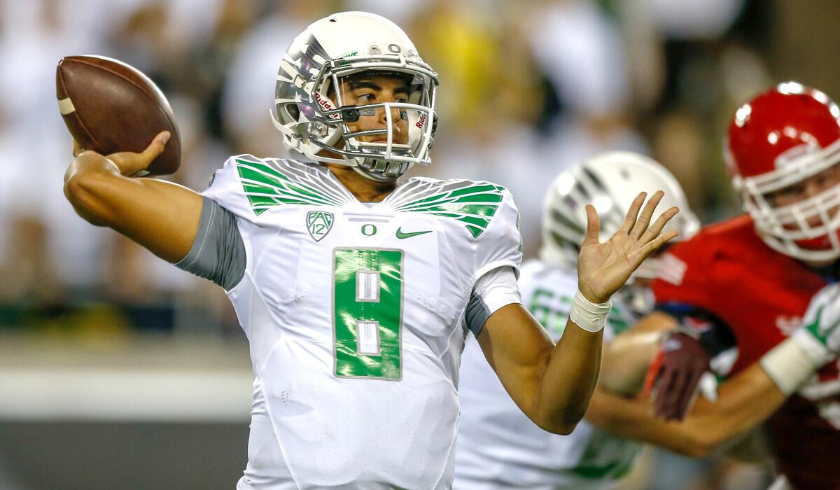 Quarterback Marcus Mariota and the high-flying Ducks of Oregon will host Michigan State in a powerhouse matchup this week.
