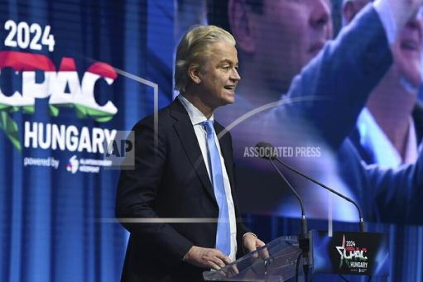 Chairman of the Dutch Freedom Party Geert Wilders speaks at the third Hungarian edition of the Conservative Political Action Conference, CPAC Hungary, in Budapest, Hungary, Friday, April 26, 2024. The two-day event is hosted from April 25 to 26 by the Center for Fundamental Rights of Hungary for the third consecutive year. (Zoltan Mathe/MTI via AP)