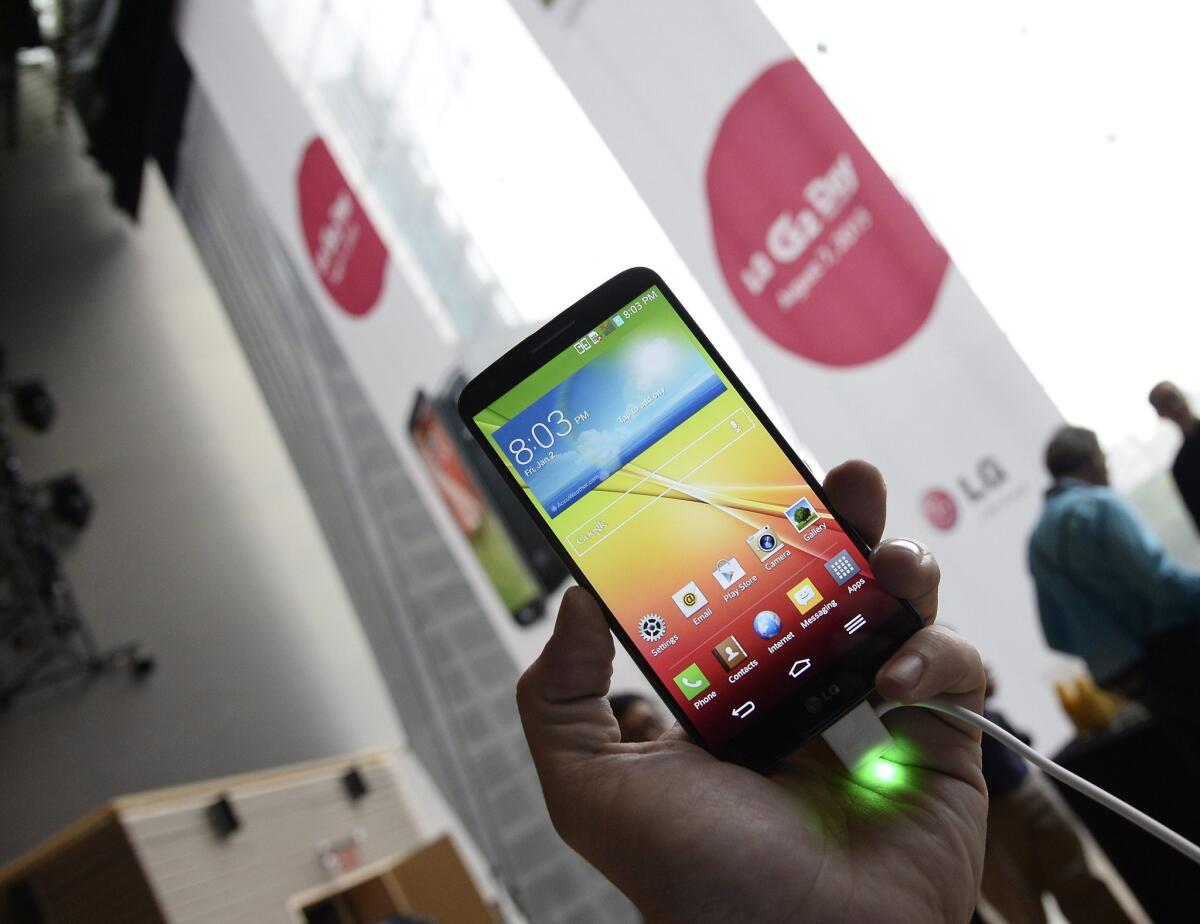The LG G2 phone on display at a launch event in New York.