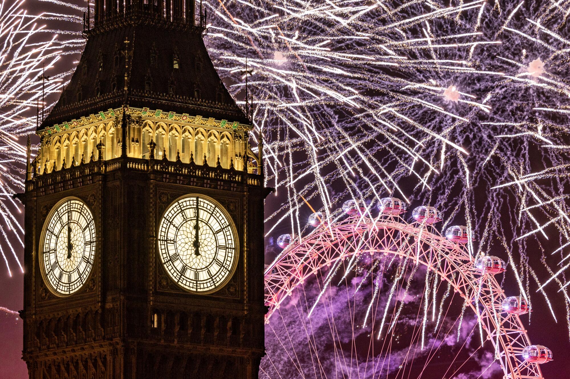 Fireworks over Big Ben and the London Eye