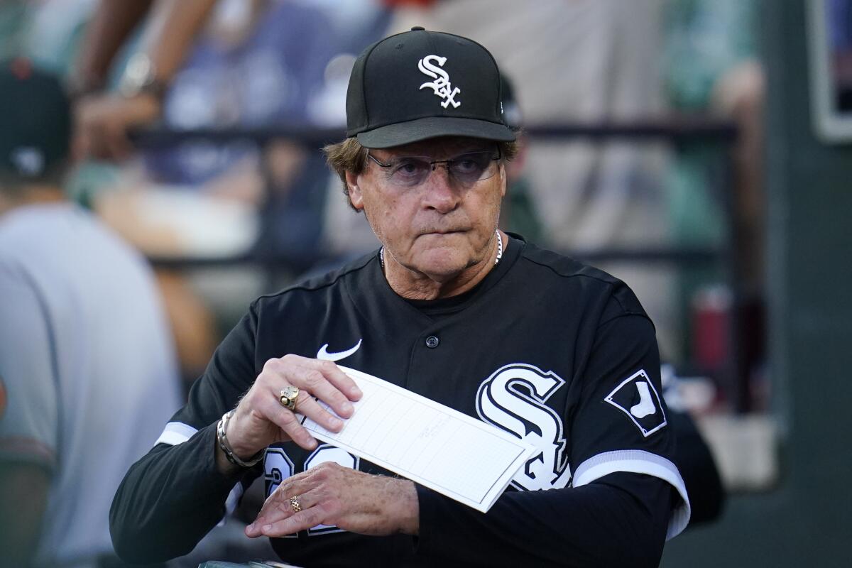 Chicago White Sox manager Tony La Russa looks on from the dugout prior to a baseball game against the Baltimore Orioles, Wednesday, Aug. 24, 2022, in Baltimore. (AP Photo/Julio Cortez)