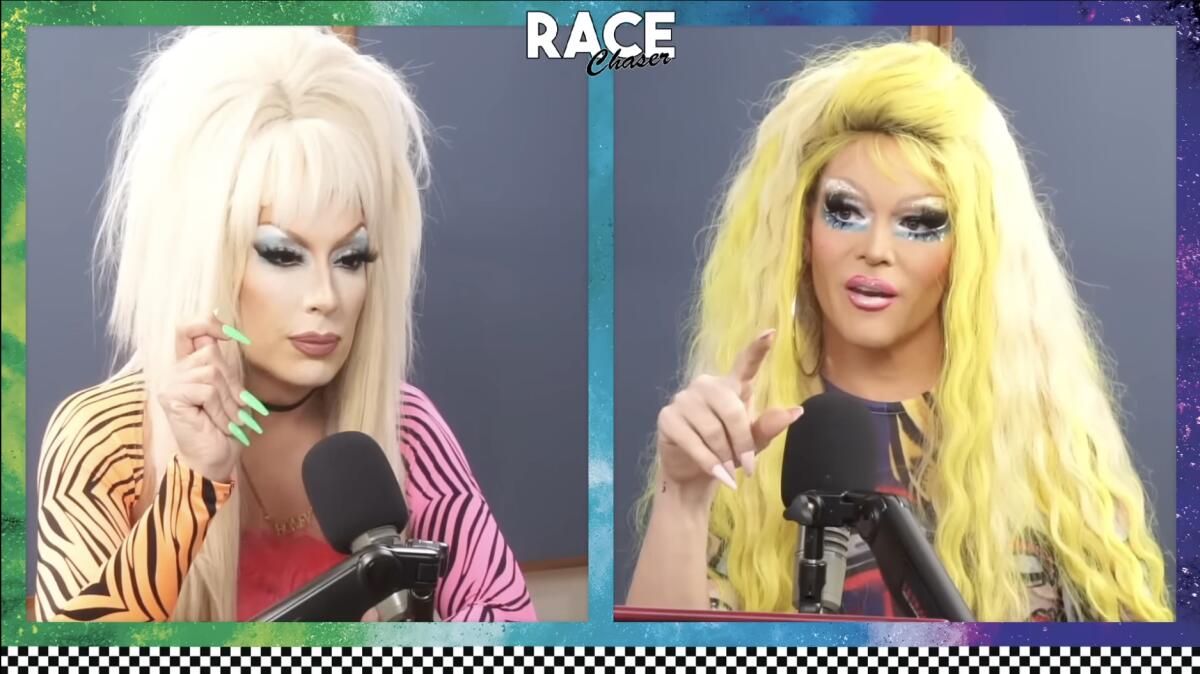 Alaska Thunderf— 5000, left, and Willam in a screenshot for "Race Chaser," one of the titles from the MOM Podcasts Network.