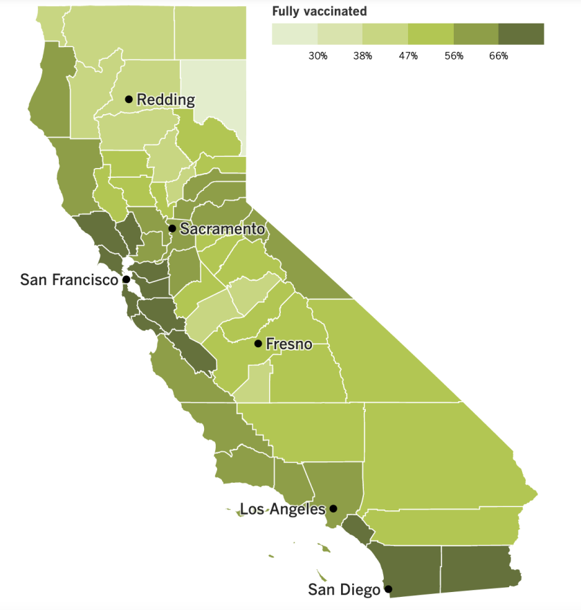 A map of California's vaccination progress by county.