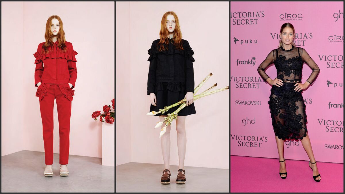 Looks from the Simone Rocha x J Brand collaboration at left and center; and model Doutzen Kroes wearing a look from Rocha's namesake label at the 2014 Victoria's Secret Fashion Show on Tuesday.