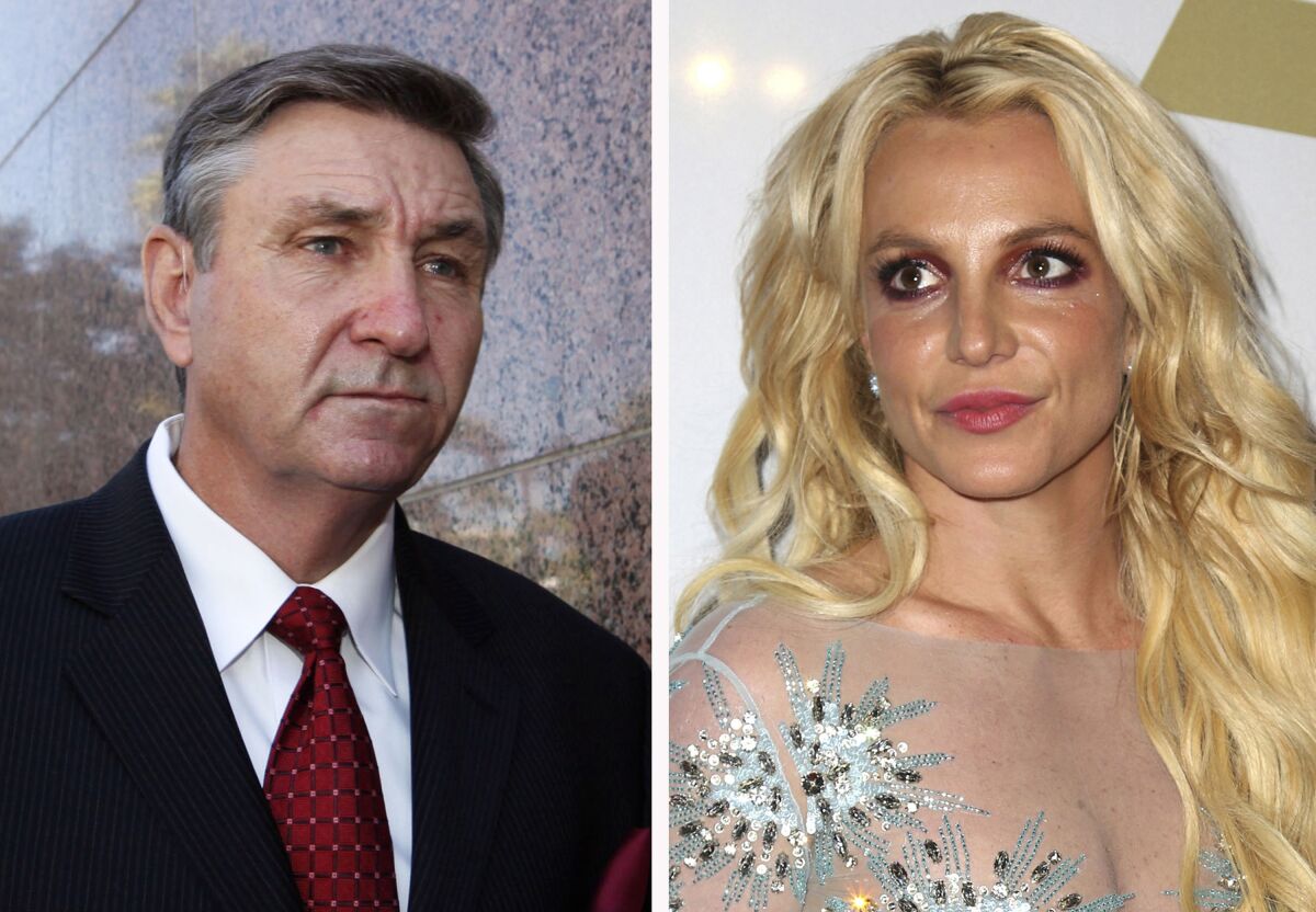 This combination photo shows Jamie Spears, left, father of Britney Spears, as he leaves the Stanley Mosk Courthouse on Oct. 24, 2012, in Los Angeles and Britney Spears at the Clive Davis and The Recording Academy Pre-Grammy Gala on Feb. 11, 2017, in Beverly Hills, Calif.. Britney Spears' father agreed Thursday, Aug. 12, 2021, to step down from the conservatorship that has controlled her life and money for 13 years, according to reports. Several outlets including celebrity website TMZ and CNN reported that James Spears filed legal documents saying that while there are no grounds for his removal, he will step down. (AP Photo)