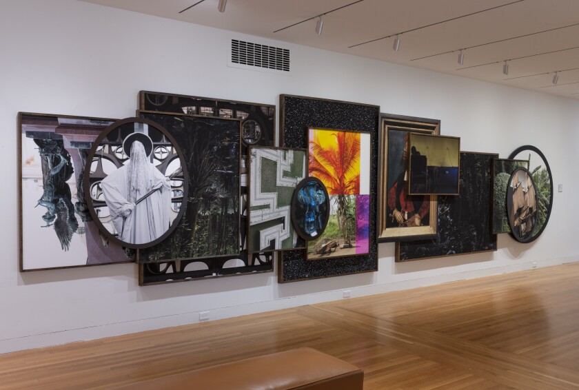 A large-scale Todd Gray photo collage features 14 framed images of statues and gardens superimposed over each other.