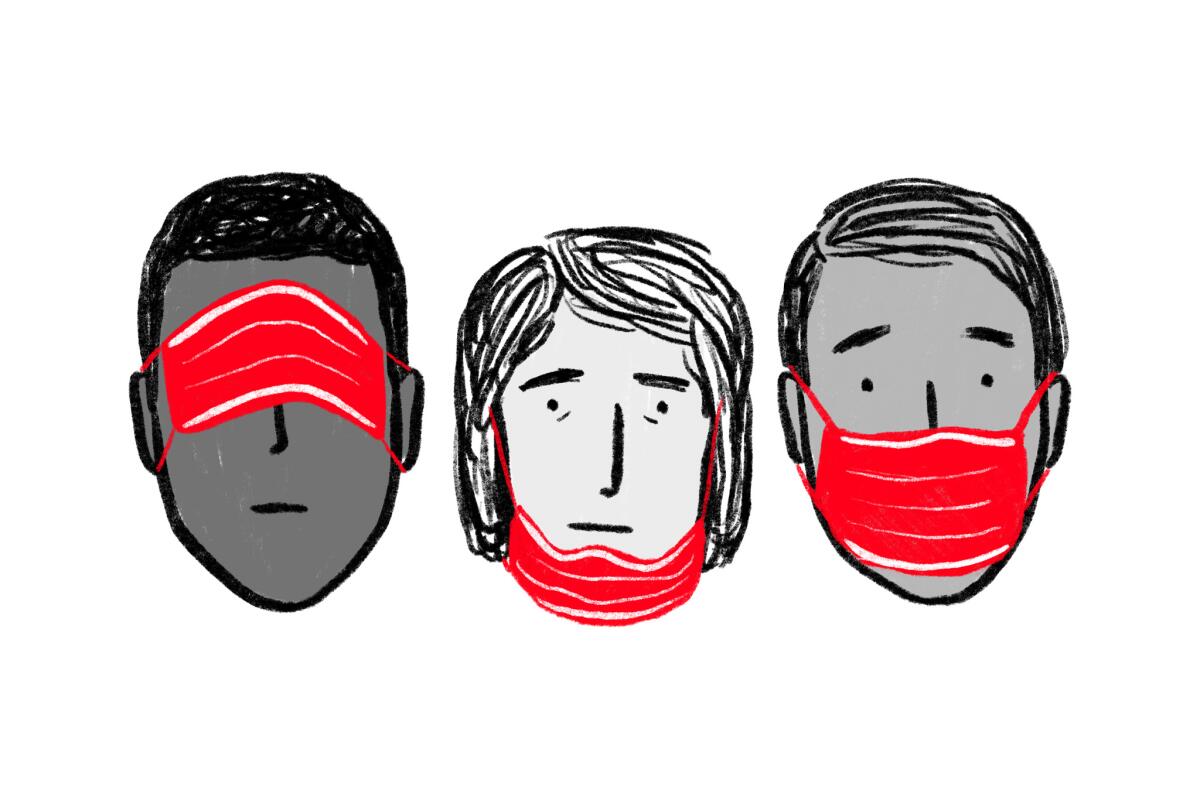 Illustration of three people wearing face masks, both correctly and incorrectly 