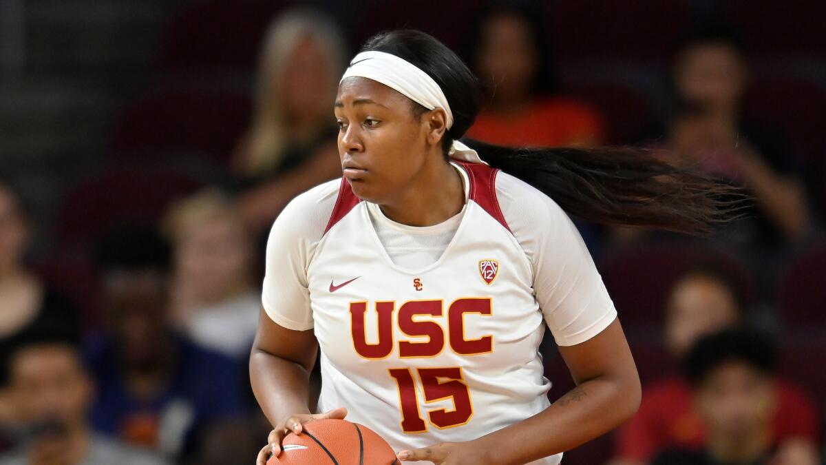 USC's Angel Jackson handles the ball during the Trojans' 59-49 win over Virginia on Nov. 9, 2019. 